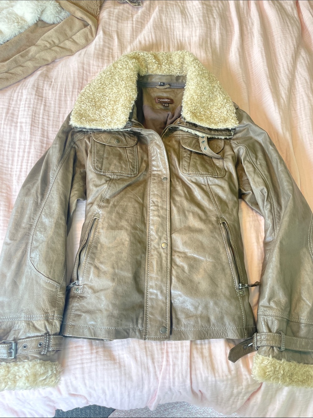 Danier Taupe Leather Jacket with Cream Faux-Shearling Collar